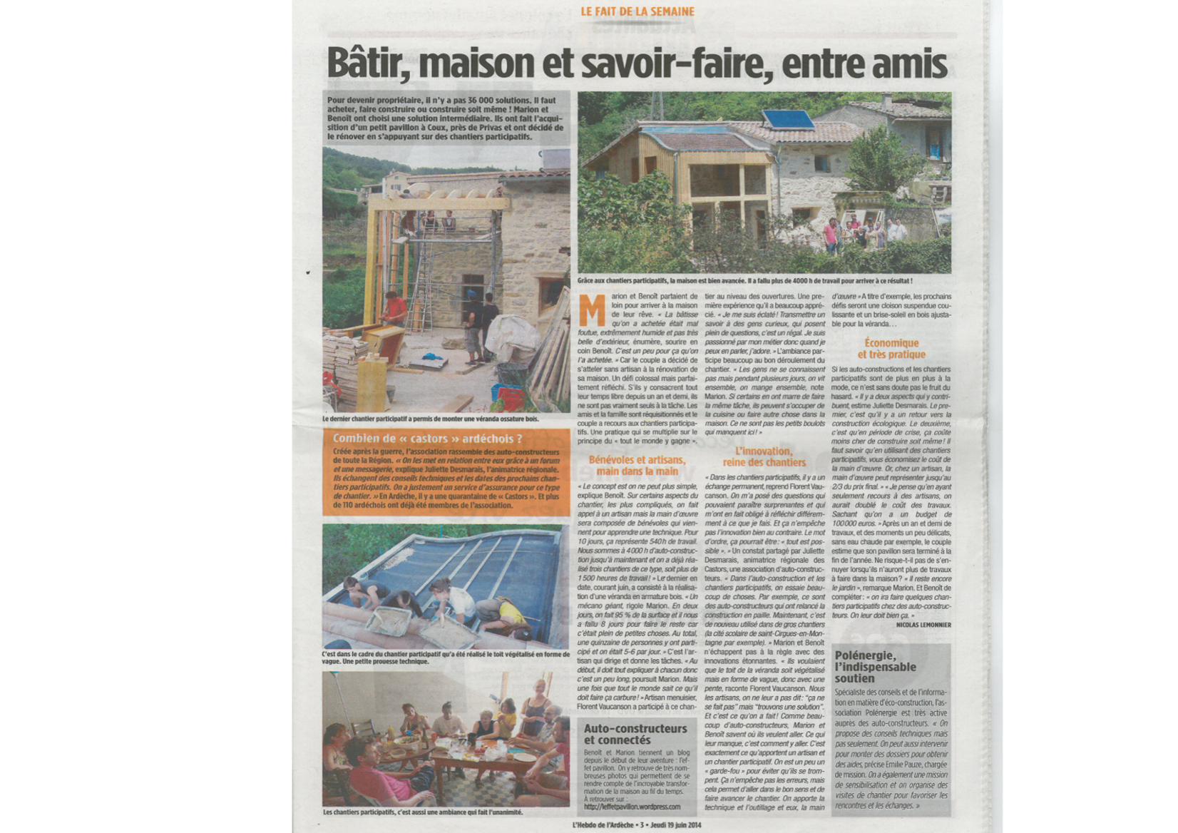Page 3 de l'hebdo de l'Ardèche du 19/06/2014 sur les chantiers participatifs et la visite auto-rénovation accompagnée de Polénergie le 14/06/2014 à Coux.